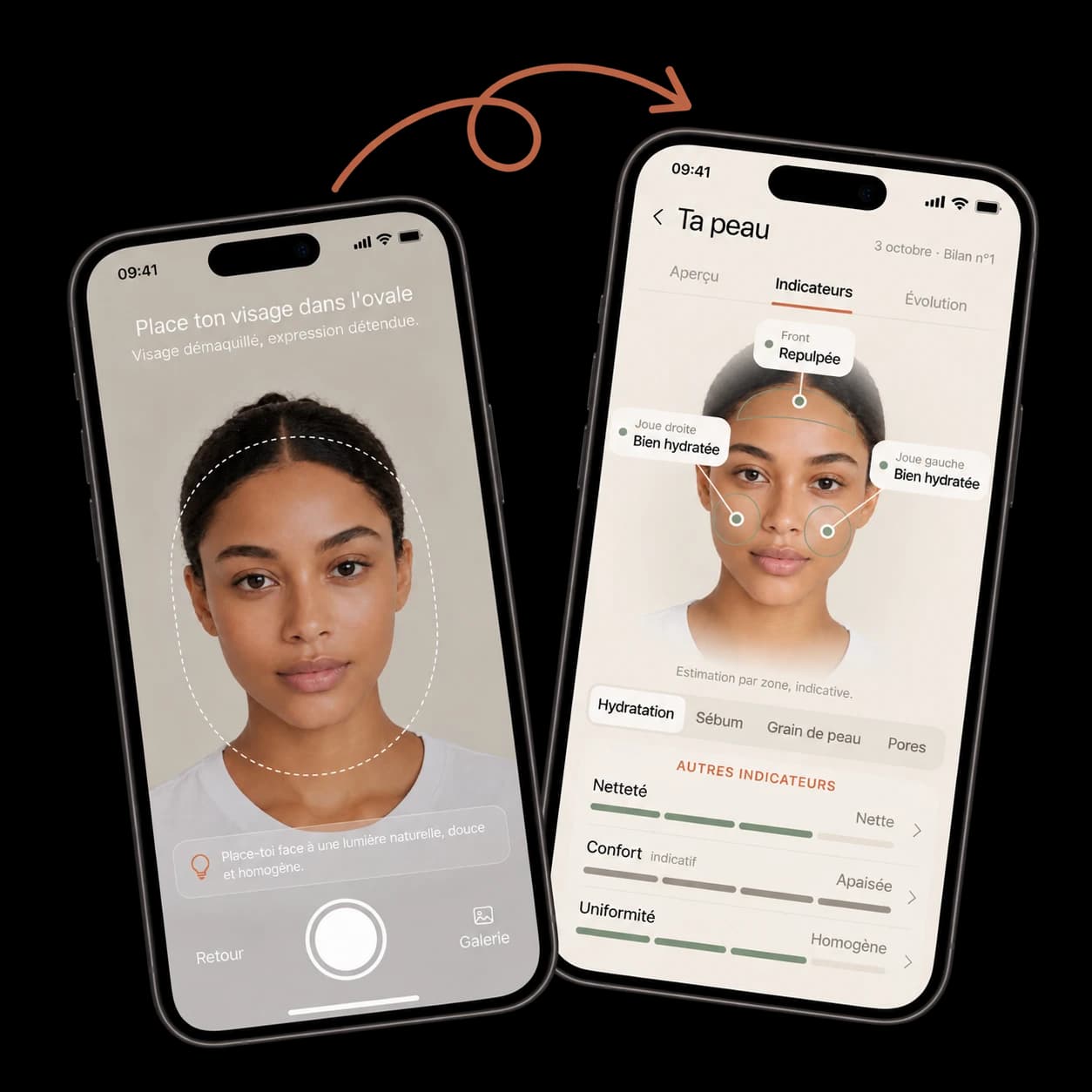 Deux écrans de Sevéa : le scan du visage dans l'ovale, puis le bilan qui lit la peau zone par zone