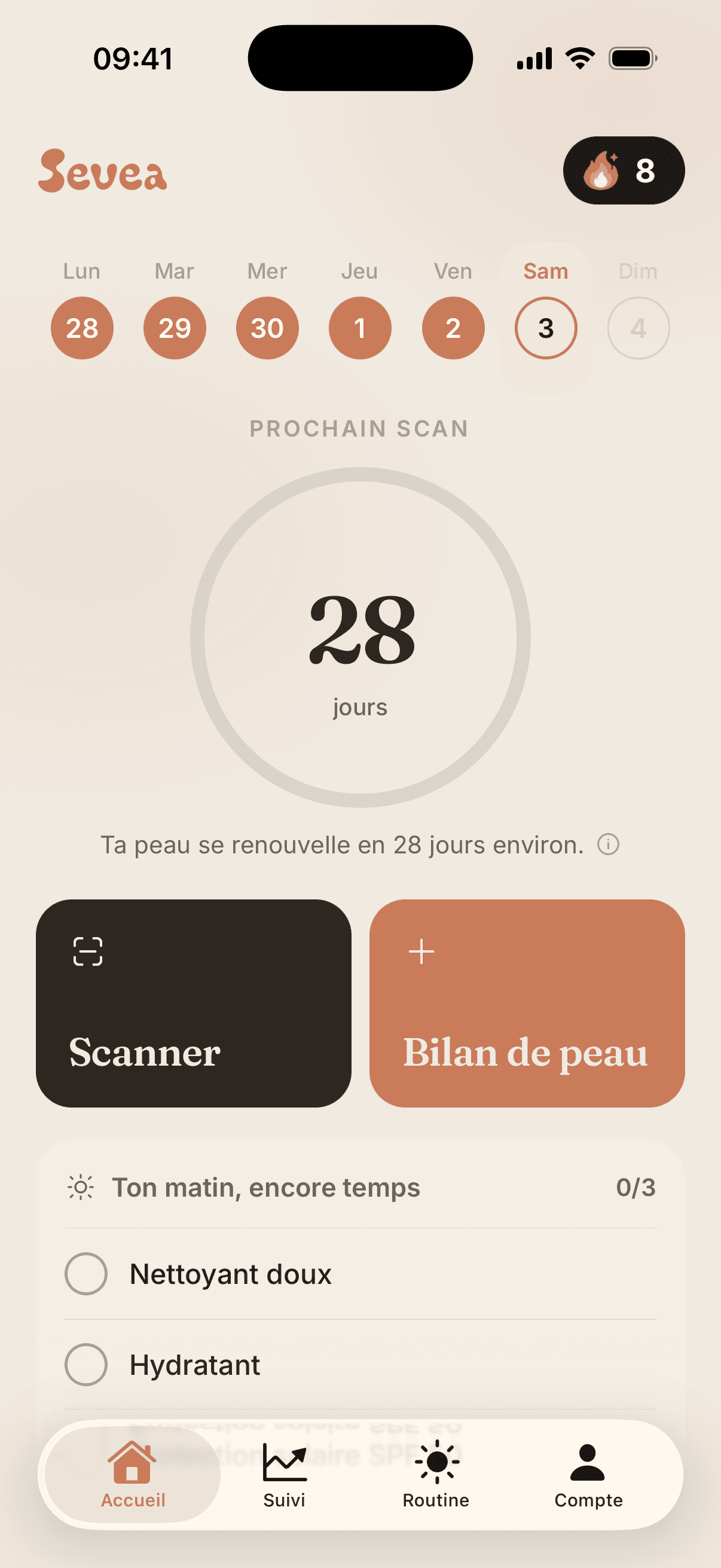 Accueil de l'app : prochain bilan dans 28 jours, semaine de routine cochée