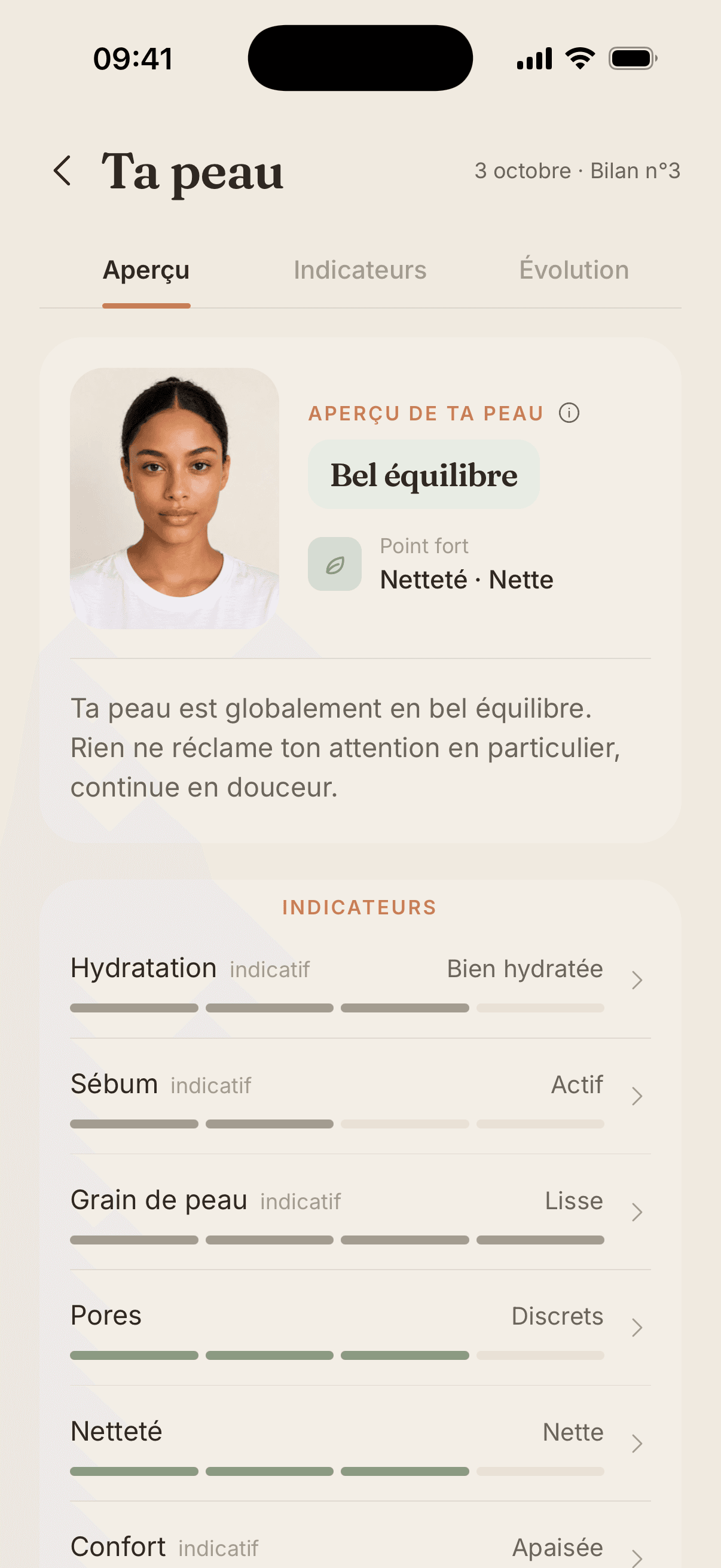 Aperçu d'un bilan de peau : « Bel équilibre », point fort et indicateurs