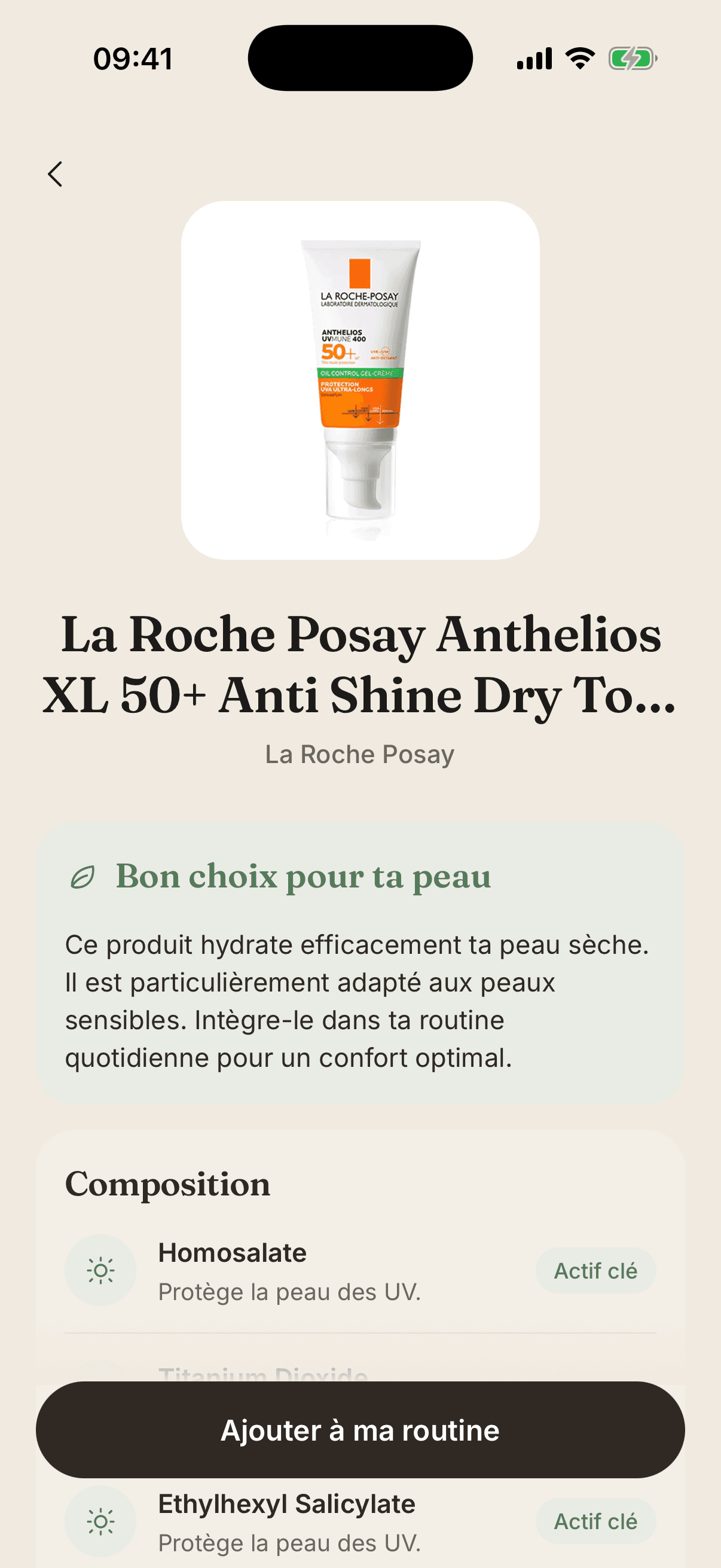 Fiche d'un produit scanné : « Bon choix pour ta peau », puis sa composition et ses actifs clés