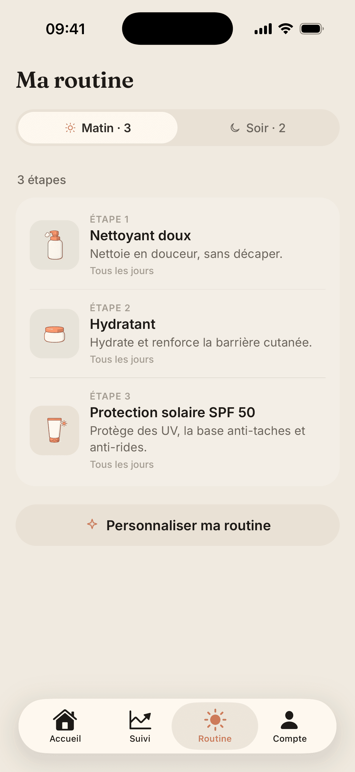 Routine du matin en trois étapes : nettoyant doux, hydratant, protection solaire